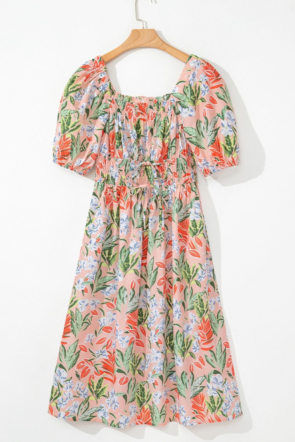 Floral Smocked Square Neck Puff Short Sleeve Midi Dress