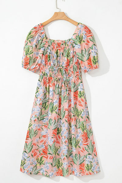 Floral Smocked Square Neck Puff Short Sleeve Midi Dress