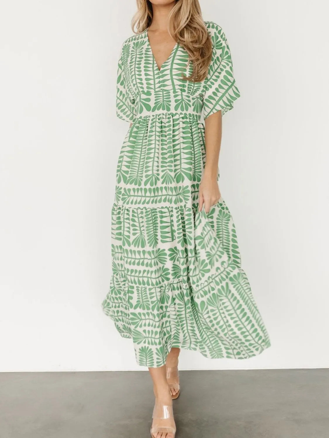 Ruched Printed V-Neck Half Sleeve Midi Dress