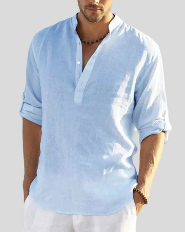 Herren Langarmhemd mit Stehkragen | Lockeres Freizeithemd mit Knöpfen