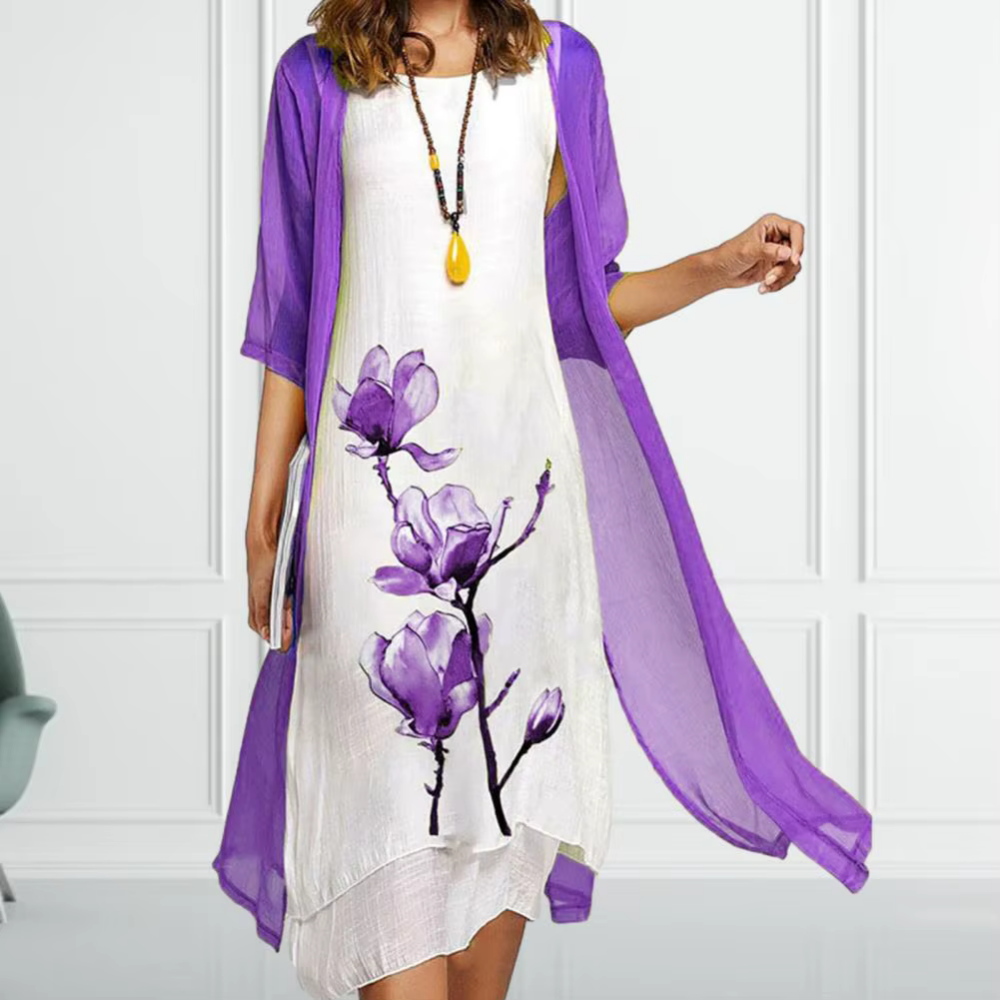 Evangeline - Leichtes Kleid mit Blumendruck und transparentem Kimono