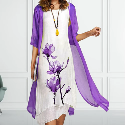 Evangeline - Leichtes Kleid mit Blumendruck und transparentem Kimono