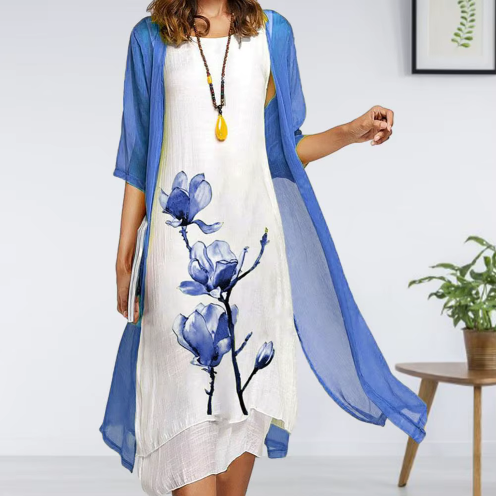 Evangeline - Leichtes Kleid mit Blumendruck und transparentem Kimono