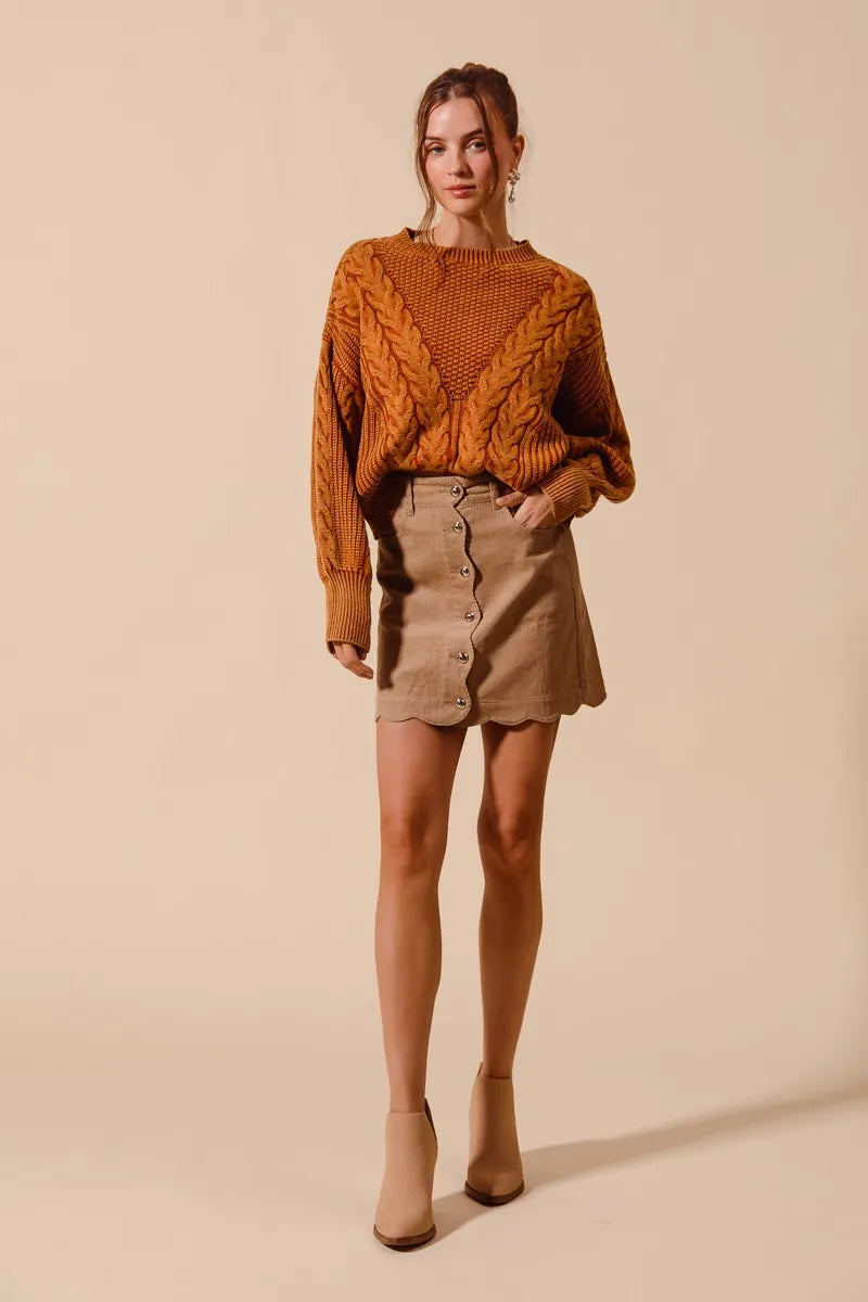 SO ME Scallop Buttoned Front Corduroy Mini Skirt