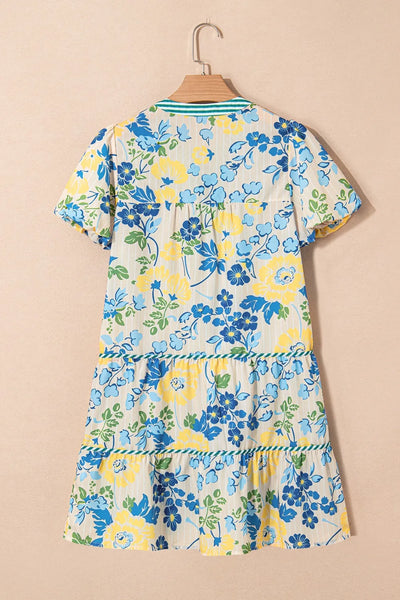 Floral Striped Trim Puff Short Sleeve Dress
