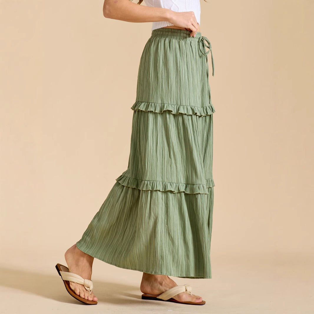 Retro Vintage Medieval Solid Maxi Skirt with Ruffle Trim