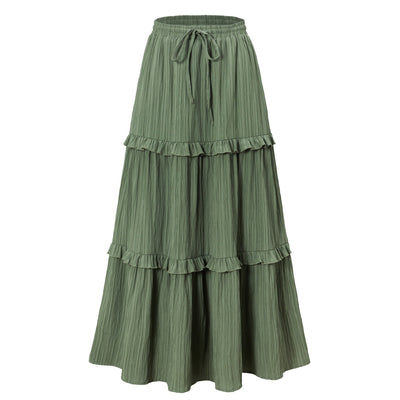 Retro Vintage Medieval Solid Maxi Skirt with Ruffle Trim