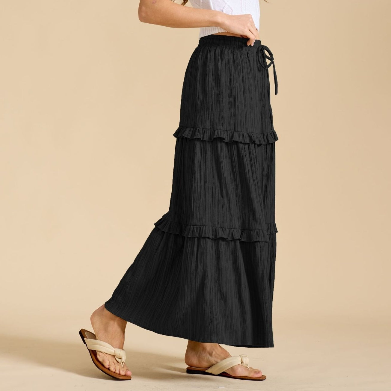 Retro Vintage Medieval Solid Maxi Skirt with Ruffle Trim