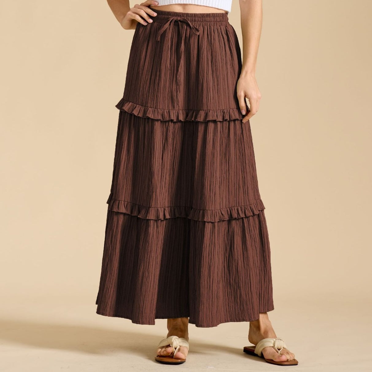 Retro Vintage Medieval Solid Maxi Skirt with Ruffle Trim