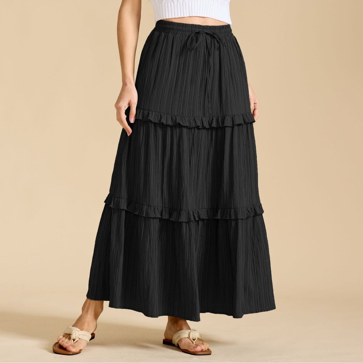 Retro Vintage Medieval Solid Maxi Skirt with Ruffle Trim