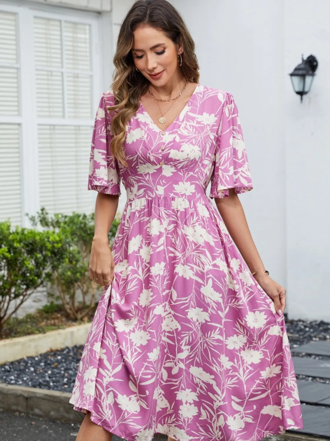 Printed V-Neck Flutter Sleeve Dress