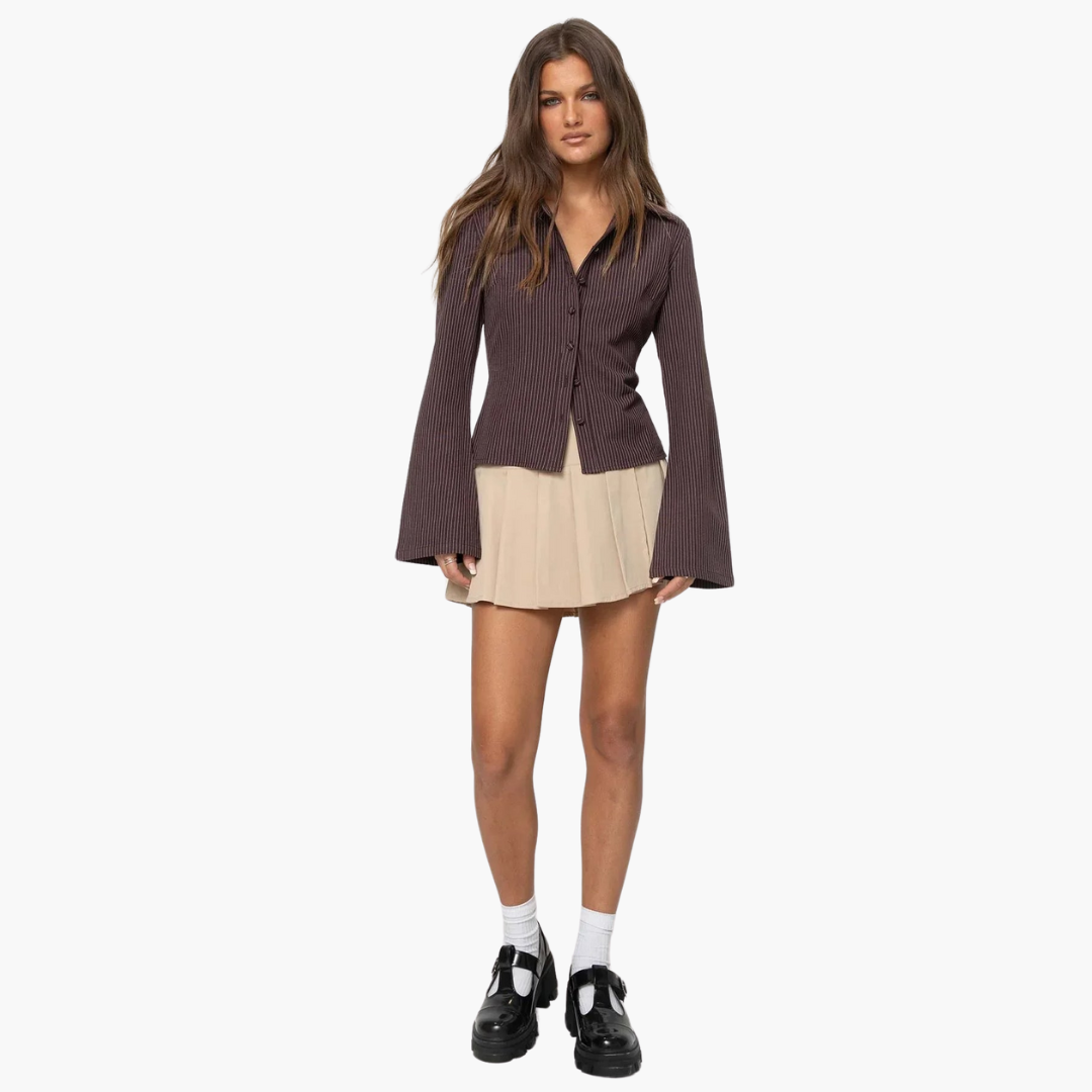 Gestreiftes Blusenhemd für Damen mit Glockenärmeln und Rock