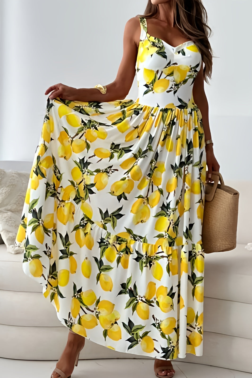 Lemon Print Sweetheart Neck Maxi Dress