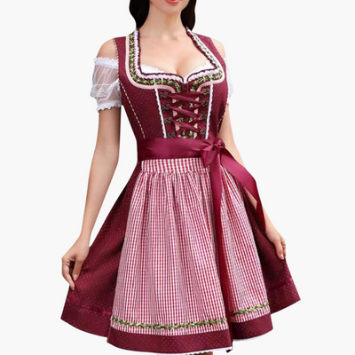 Oktoberfest Dirndl 2025 mit Spitzenbesatz und Karoschürze für Damen