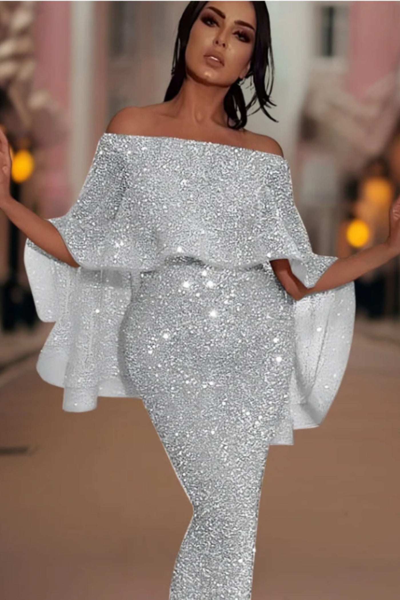 Heidi-Mode | Off-Shoulder Glitzer Maxi Kleid