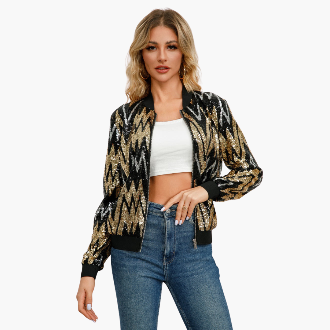 Damen Bomberjacke mit Reißverschluss und Paillettenoberfläche