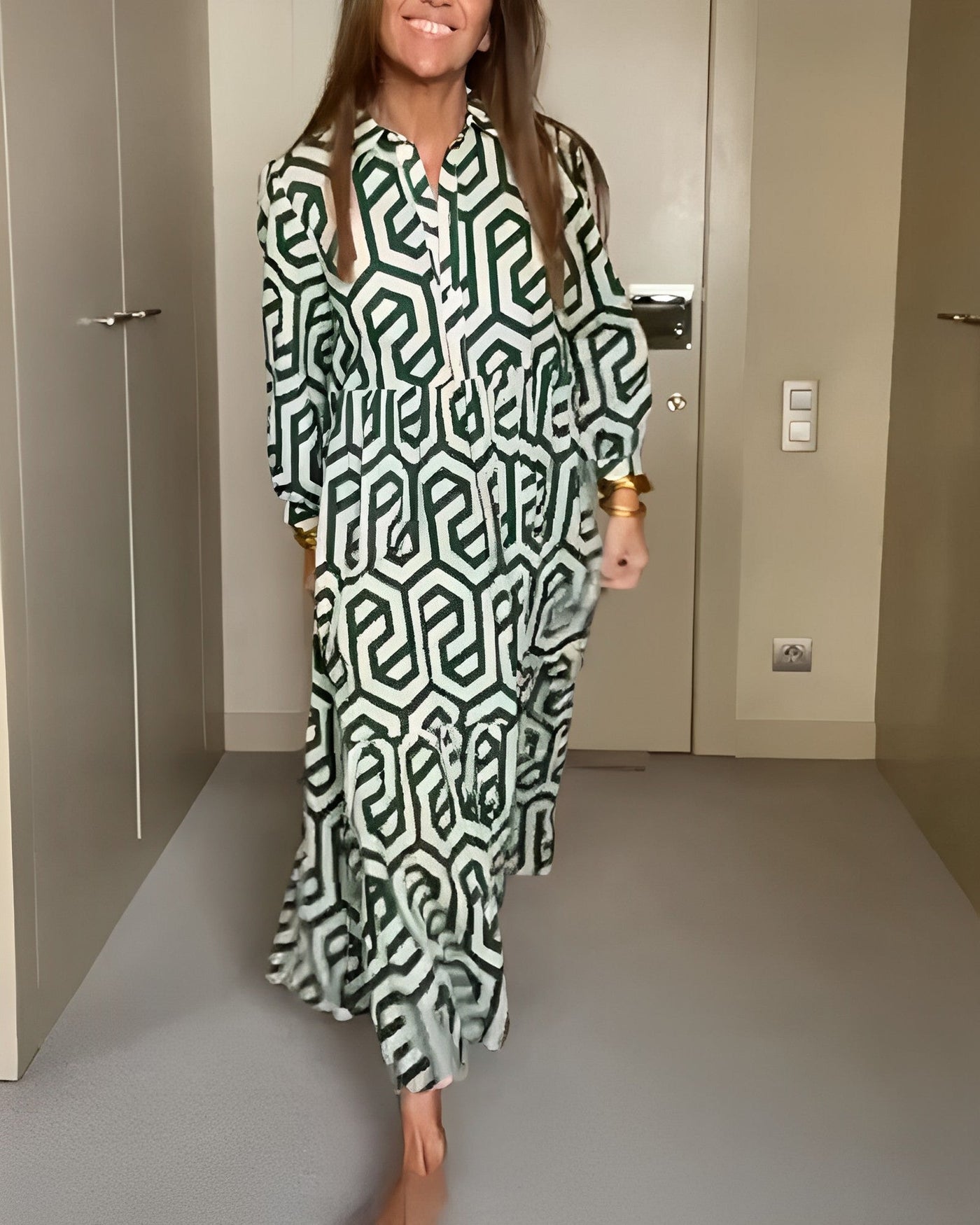 Heidi-Mode | Lässiges Maxi-Kleid Mit Langen Ärmeln Und Druck