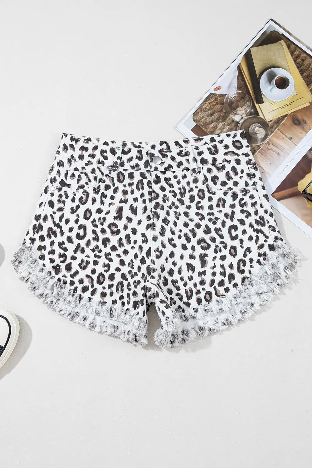 Leopard Frayed Hem Denim Shorts