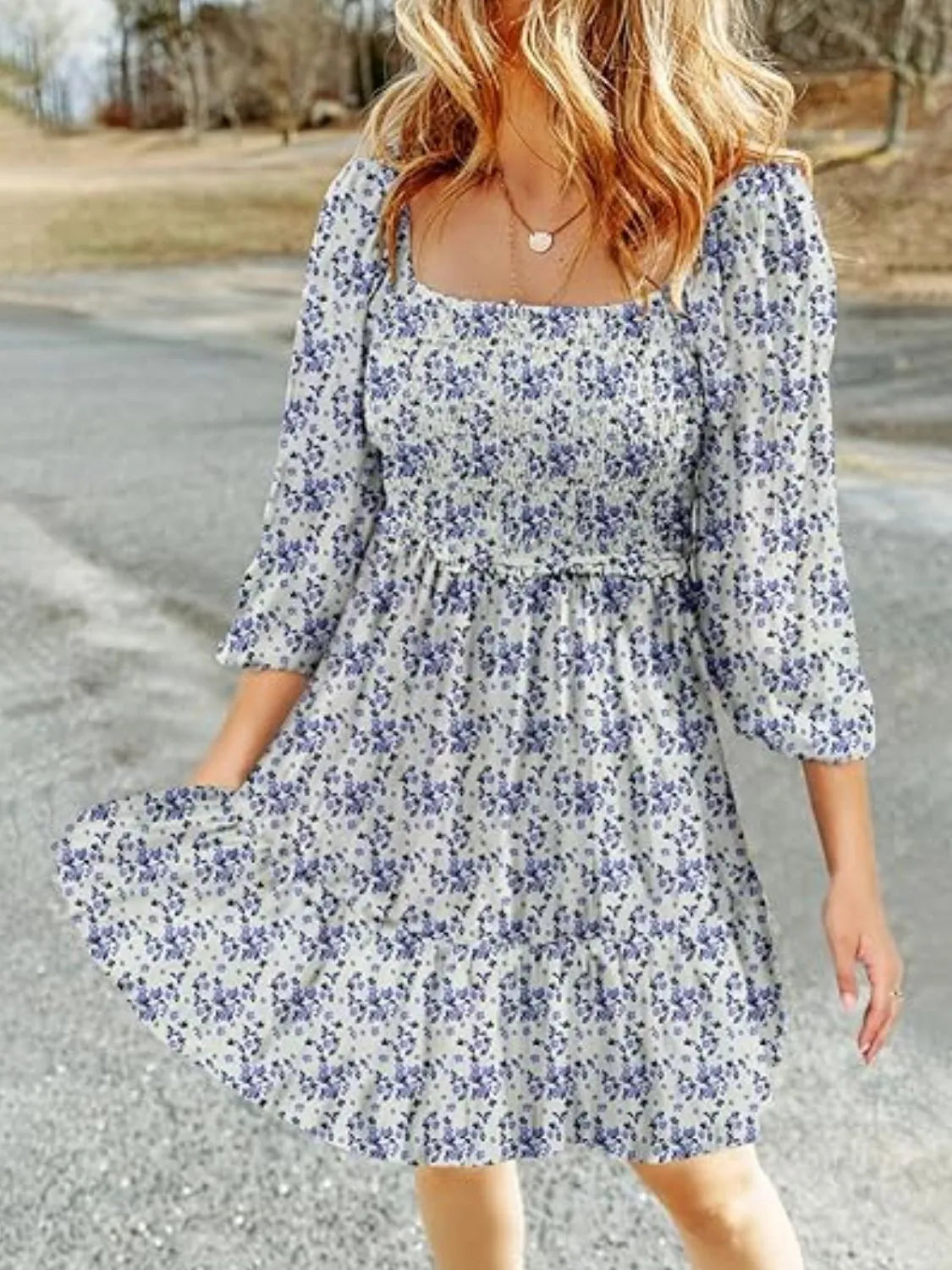 Smocked Floral Square Neck Dress