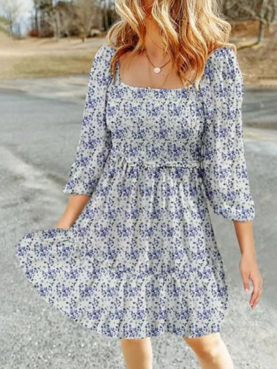 Smocked Floral Square Neck Dress