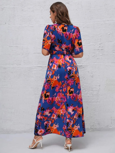 Printed Surplice Short Sleeve Maxi Dress