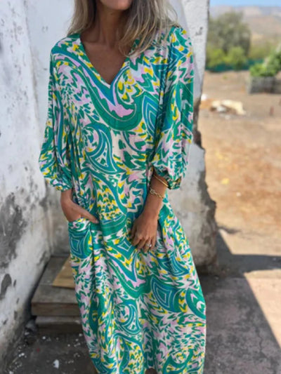 Full Size Printed V-Neck Dress with Pockets Plus Size