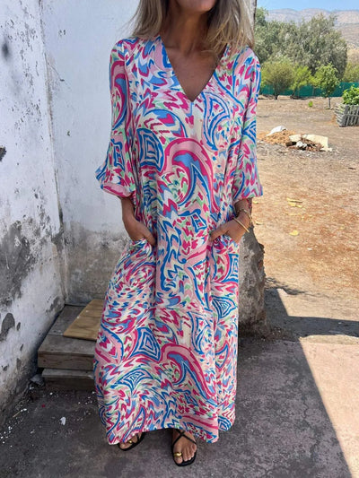 Full Size Printed V-Neck Dress with Pockets Plus Size