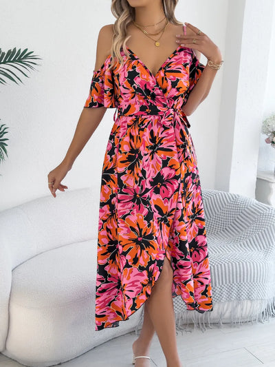 Printed Cold Shoulder Midi Cami Dress