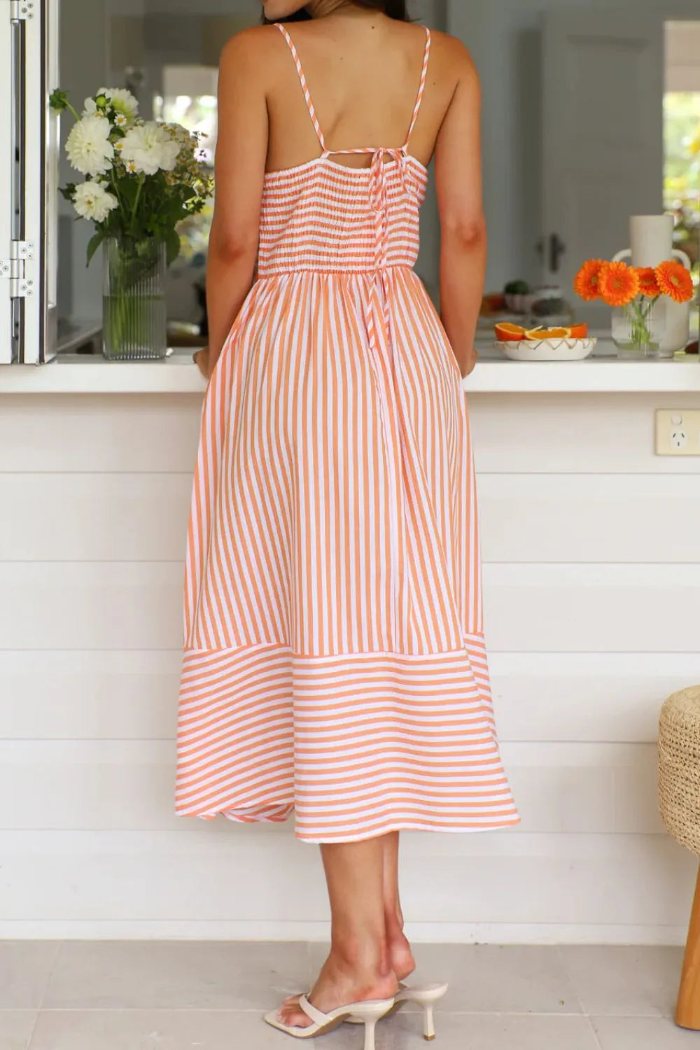 Smocked Back Striped Sleeveless Midi Cami Dress