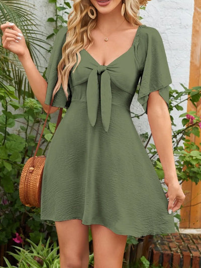 Smocked Back Knotted Flutter Sleeve Dress