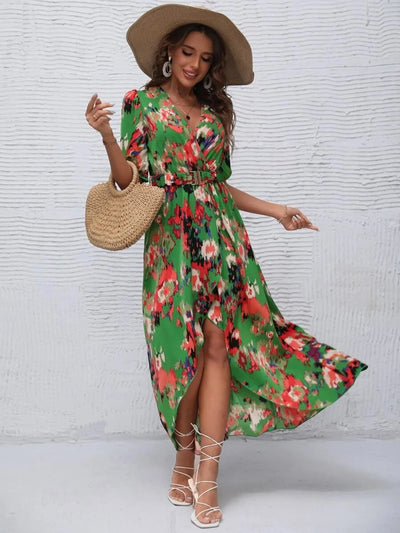 Printed Surplice Short Sleeve Maxi Dress