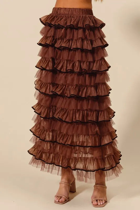 SO ME Layered Ruffled Tulle Maxi Skirt