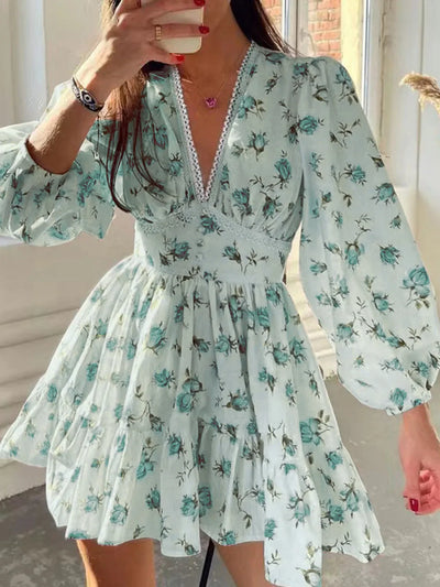 Lace Detail V-Neck Balloon Sleeve Dress