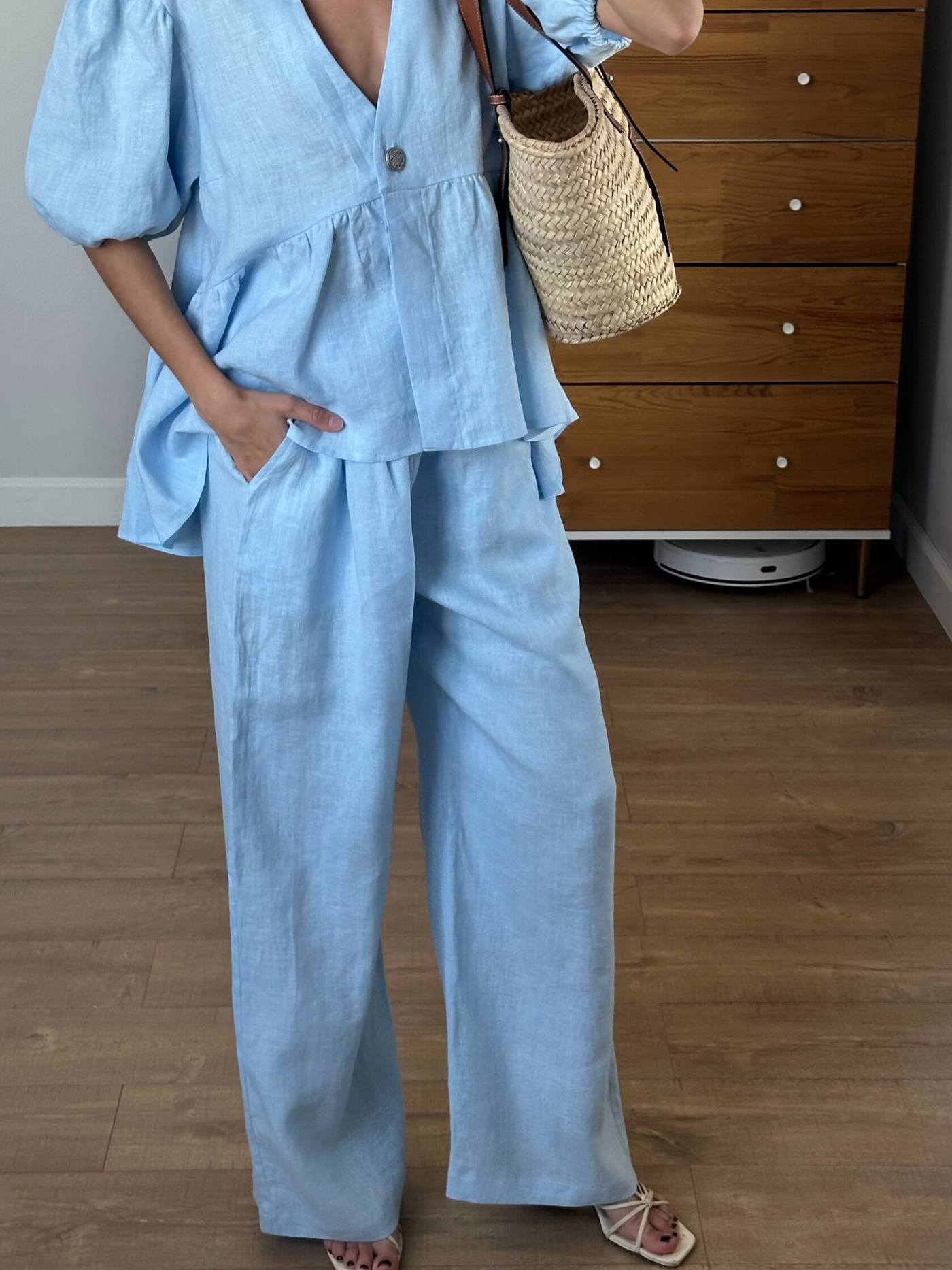 LINEN RUFFLED BUBBLE SLEEVE TWO-PIECE SET