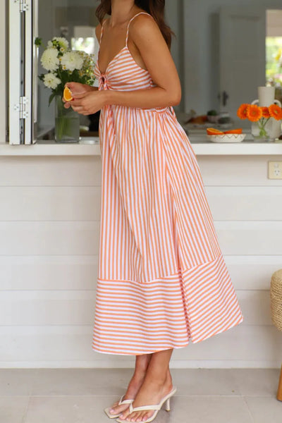 Smocked Back Striped Sleeveless Midi Cami Dress