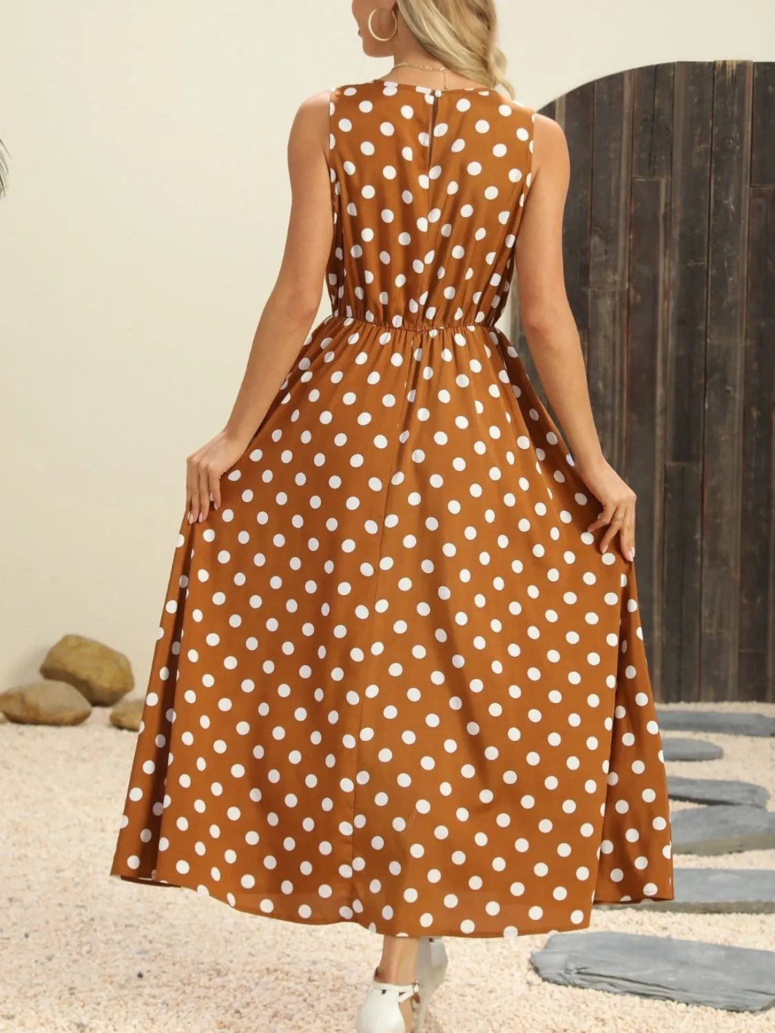 Polka Dot Round Neck Sleeveless Midi Dress