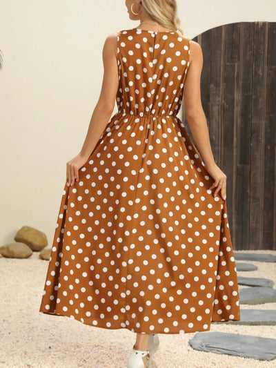 Polka Dot Round Neck Sleeveless Midi Dress