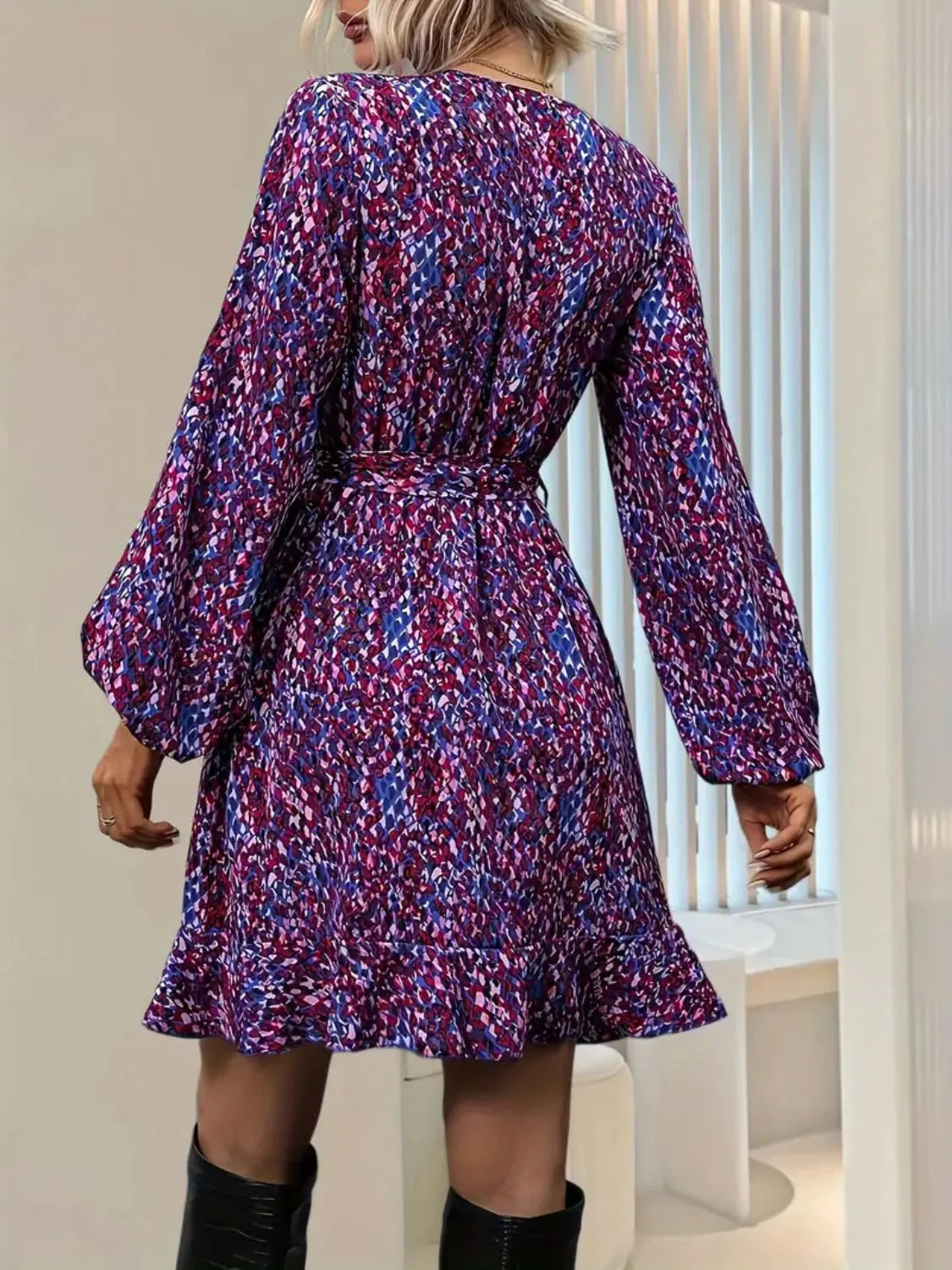 Printed Surplice Balloon Sleeve Mini Dress