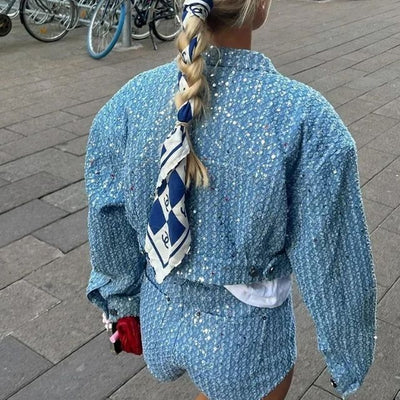 Heidi-Mode | Trendy Schicke Pailletten Set - Jacke + Shorts