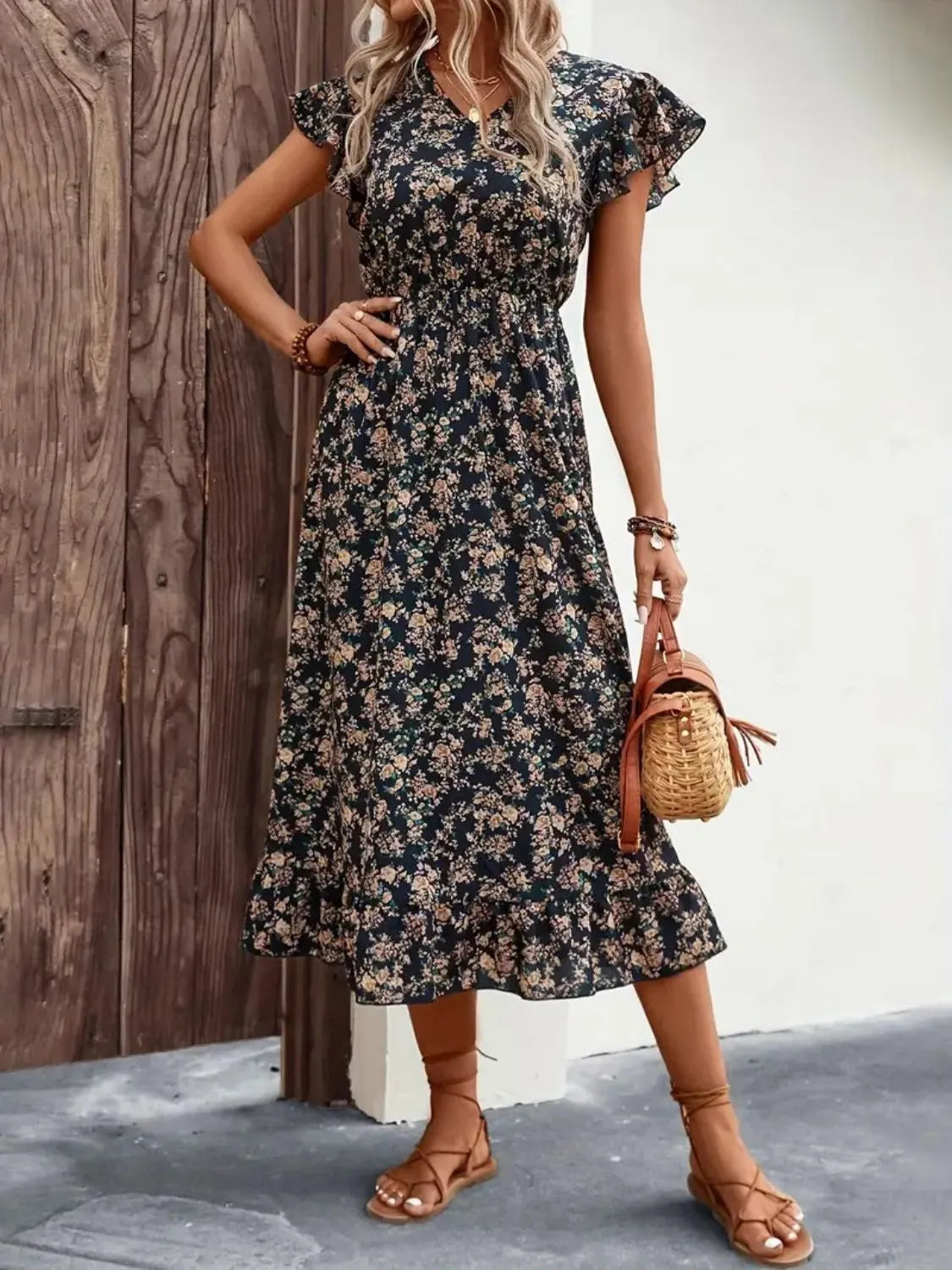 Ruffled Floral V-Neck Cap Sleeve Dress