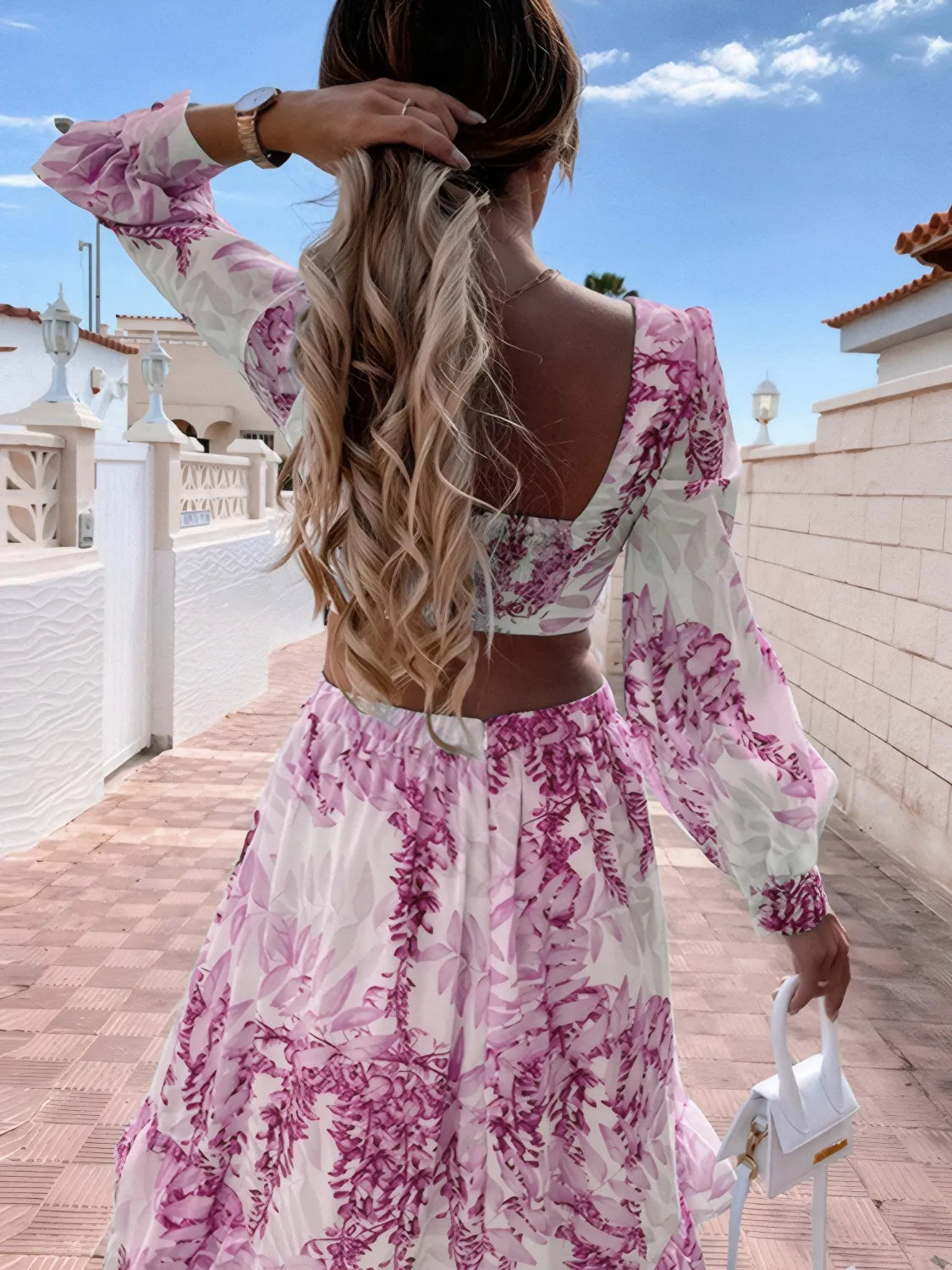Ruffled Printed Cutout Plunge Maxi Dress