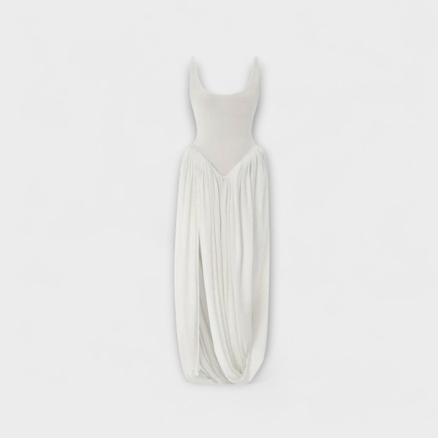 Maxikleid mit drapiertem Oberteil, skulpturalem Rock und seitlichem Schlitz