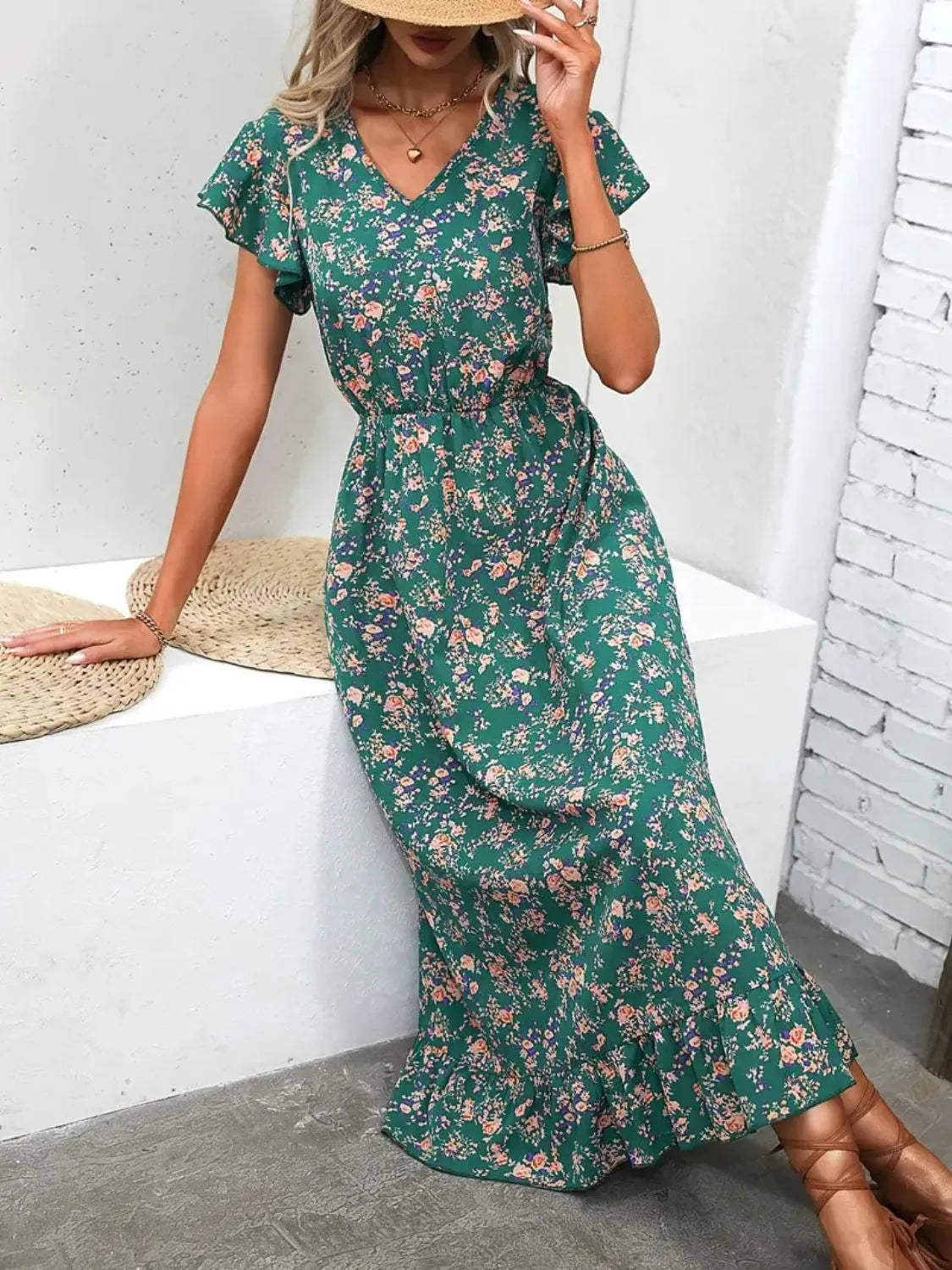 Ruffled Floral V-Neck Cap Sleeve Dress