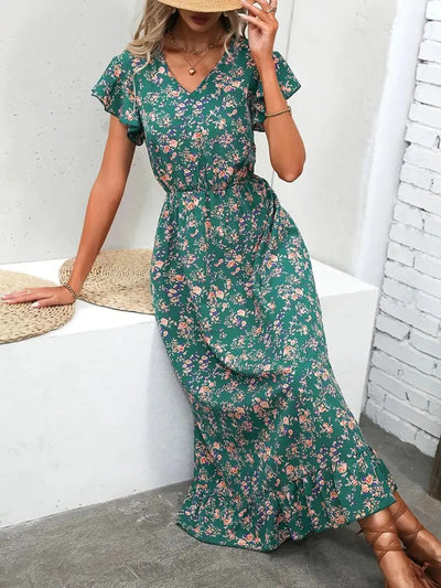 Ruffled Floral V-Neck Cap Sleeve Dress