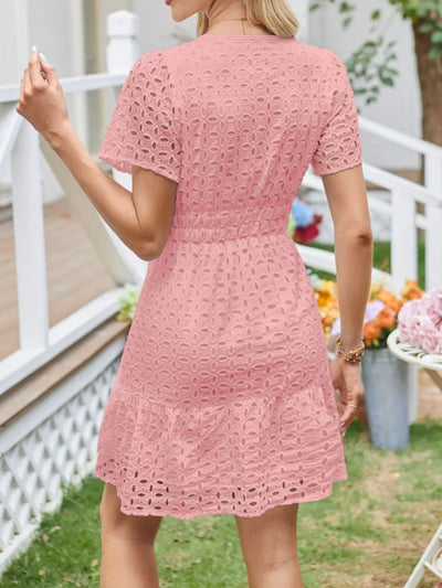 Eyelet Notched Short Sleeve Dress