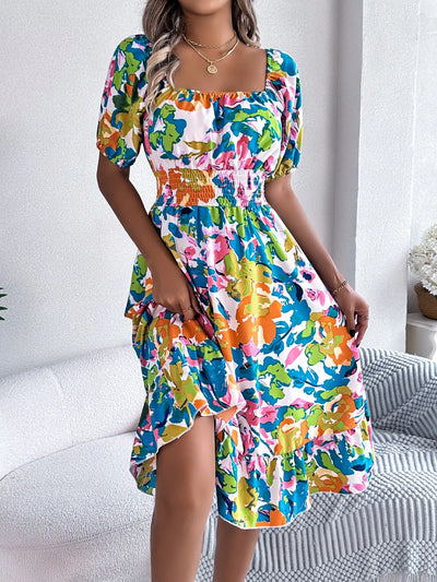 Ruffled Hem Smocked Floral Short Sleeve Midi Dress