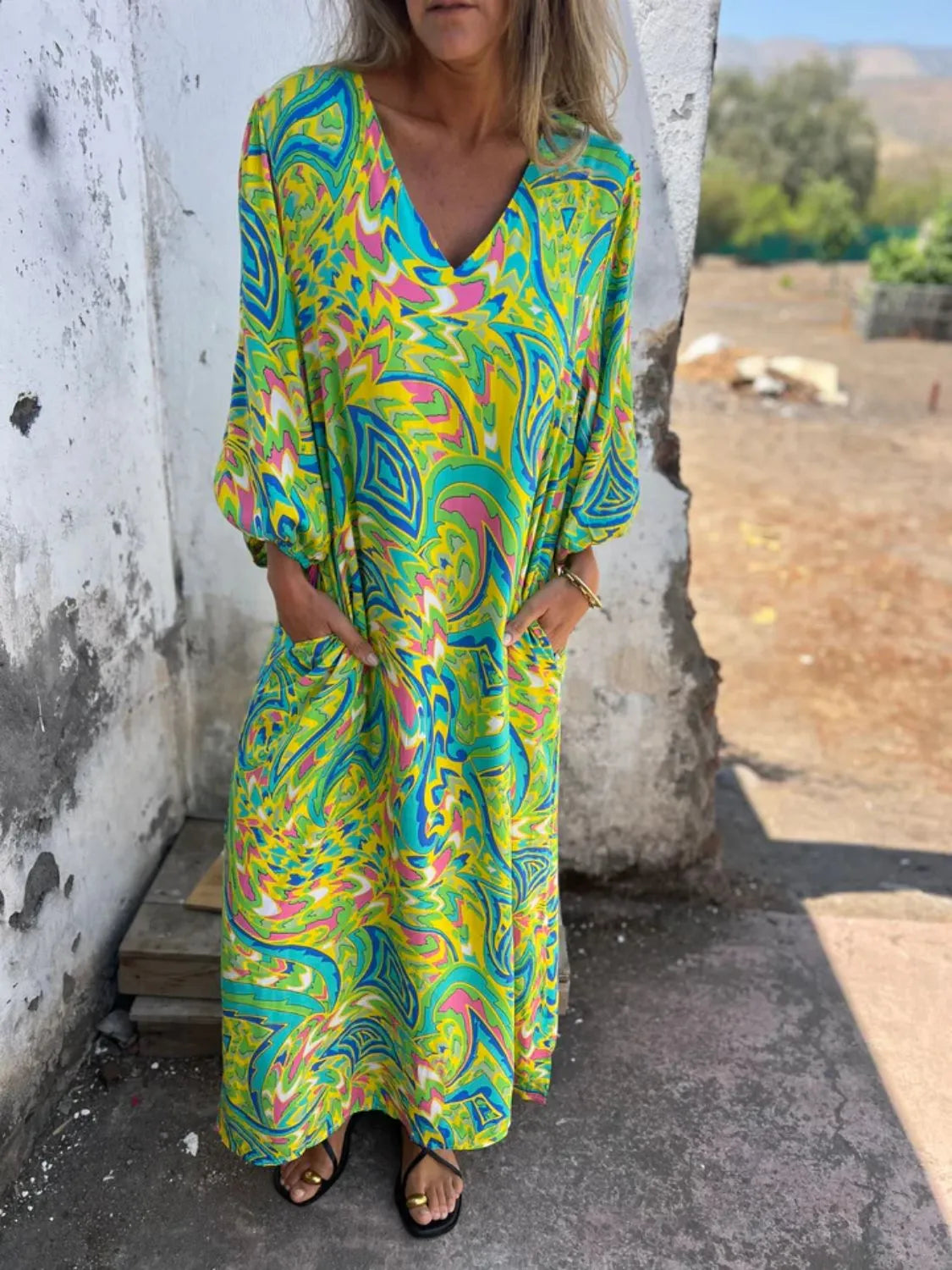 Full Size Printed V-Neck Dress with Pockets Plus Size