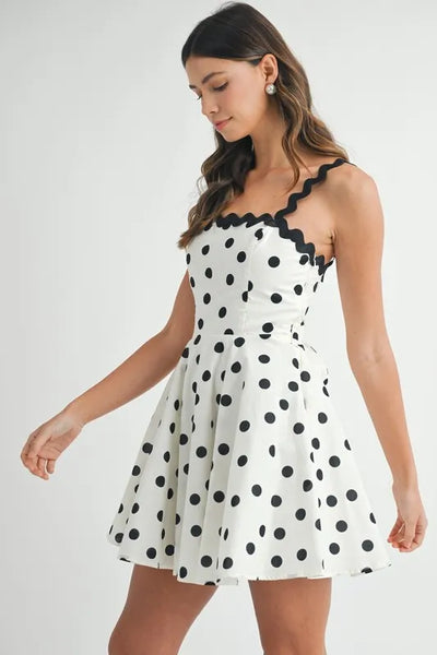 MABLE Polka Dot Mini Dress with Ricrac Trim Strap