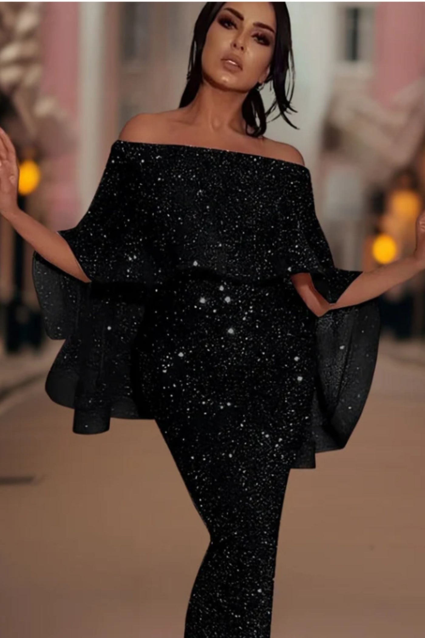 Heidi-Mode | Off-Shoulder Glitzer Maxi Kleid