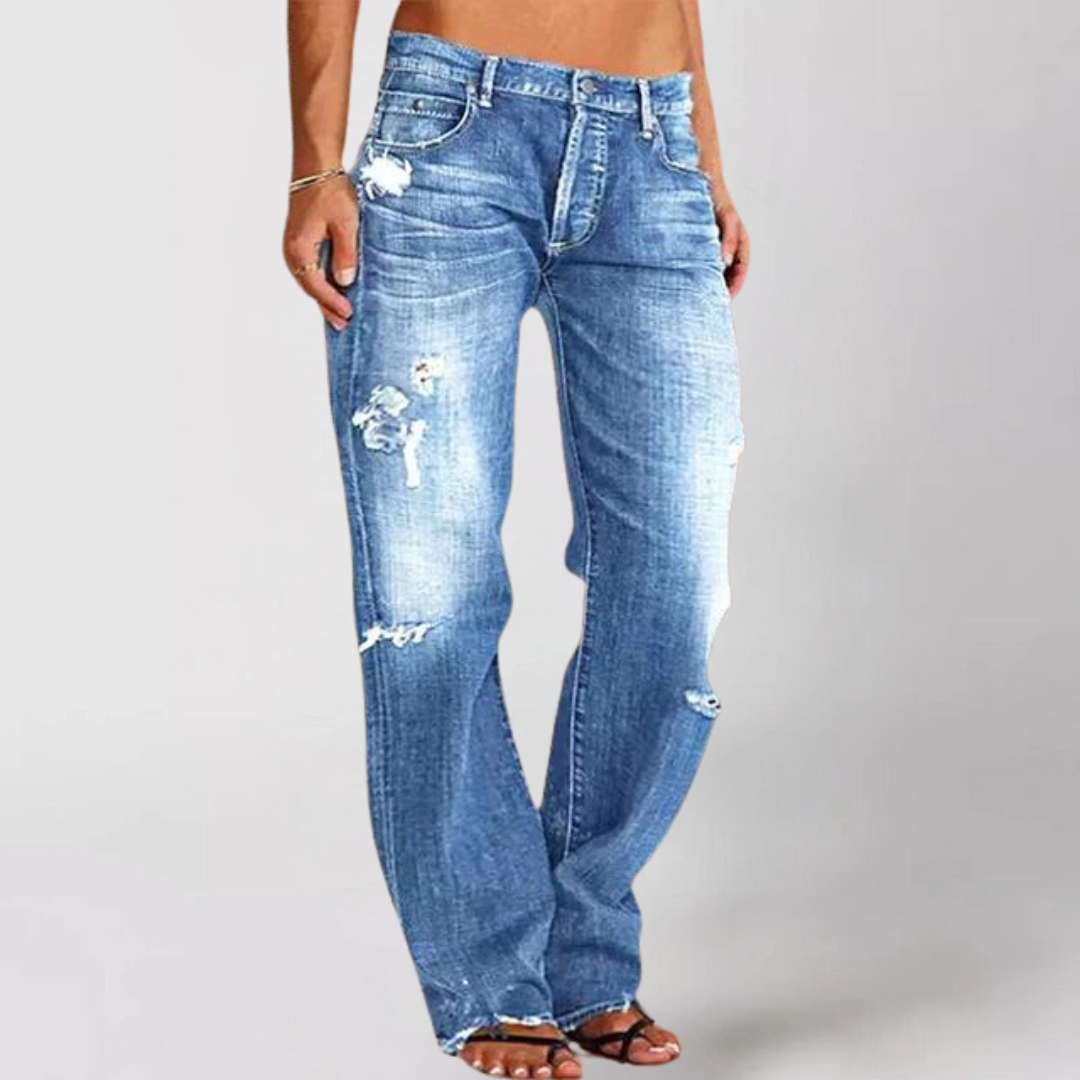 Denim-Jeans für Damen mit weitem Bein und tiefer Taille - Caelithia